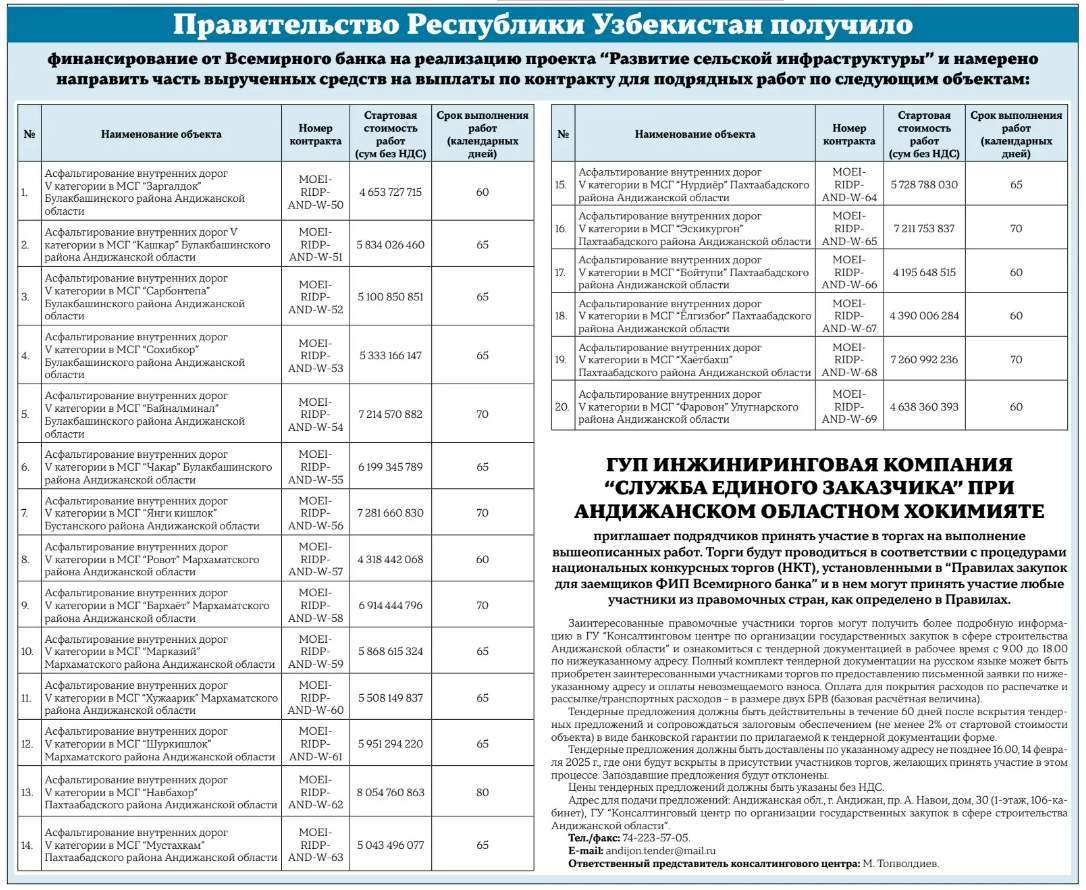 “Qishloq infratuzilmasini rivojlantirish” loyihasi doirasidagi qurilishlarni amalga oshirish uchun tender